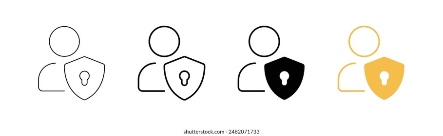 Gruppe von Benutzerakzeptsymbolen oder Account-Schutz. Profil-Symbol mit Häkchen und Schild. Avatar-Prüfzeichen. Account-Zeichen. Authentifizierungssicherheit. Datenschutz-Vektorgrafik.