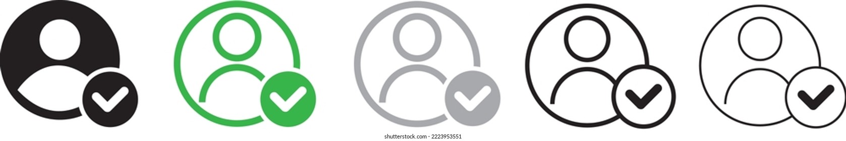 Set of user accept icons. Profile with checkmark icon. Avatar check symbol. Account sign. Shield with person silhouette in circle. Authentication security. Privacy vector. 