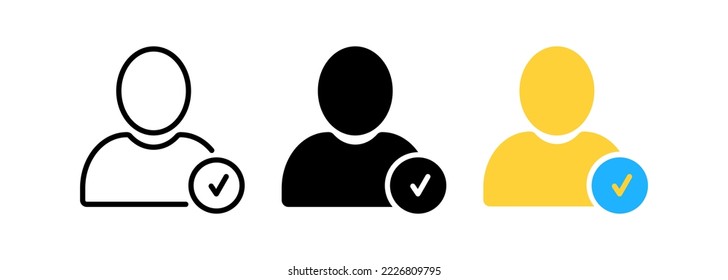 Set of user accept icons. Profile with checkmark icon. Avatar check symbol. Account sign. Shield with person silhouette in circle. Authentication security