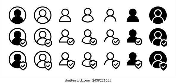 Gruppe von Benutzerakzeptanzsymbolen. Profil mit Markierungssymbol Avatar-Prüfzeichen. Kontozeichen. Schild mit Person Silhouette im Kreis. Authentifizierungssicherheit. Datenschutz Vektor 10 eps.