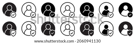 Set of user accept icons. Profile with checkmark icon. Avatar check symbol. Account sign. Shield with person silhouette in circle. Authentication security. Privacy vector.