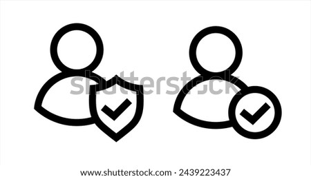 Set of user accept icons. Profile with checkmark icon. Avatar check symbol. Account sign. Shield with person silhouette in circle. Authentication security. Privacy icon.