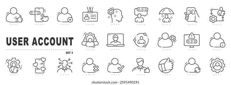 Set of user account related line icons. Profile, person, login etc. Editable stroke. Set 3