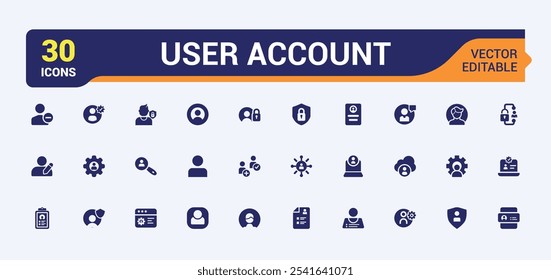 Set of User Account solid icons. Includes flat solid re, privacy, account, avatar, delete, privacy setting, 2fa and more. Filled icon collections. Editable vector illustration.