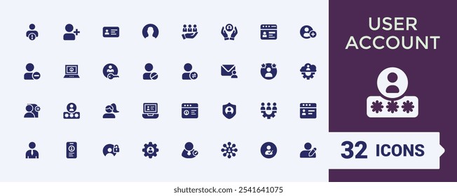 Set of User Account solid icons. Includes flat solid re, privacy, account, avatar, delete, privacy setting, 2fa and more. Filled icon collections. Editable vector illustration.