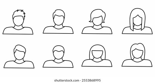
Set of user avatar icons in simple line design. Consists of silhouettes of men's and women's faces with various hairstyles. Ideal for social media profile avatar designs