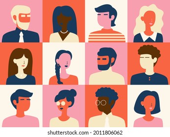 Set of user avatar. People avatar profile icons. Male and female faces. Men and women portraits. Racial diversity characters collection. Vector flat illustration in minimalistic color palette