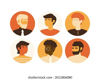 Set of user avatar. People avatar profile icons. Male faces. Men portraits. Racial diversity characters collection. Vector flat illustration in minimalistic color palette