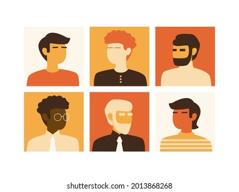 Conjunto de avatar del usuario. Iconos de perfil de avatares de personas. Caras masculinas. Retratos de hombres. Colección de caracteres de diversidad racial. Ilustración plana vectorial en paleta de color minimalista