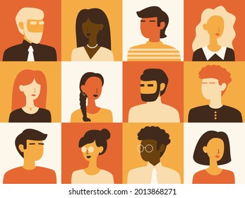 Conjunto de avatar del usuario. Iconos de perfil de avatares de personas. Caras masculinas y femeninas. Retratos de hombres y mujeres. Colección de caracteres de diversidad racial. Ilustración plana vectorial en paleta de color minimalista