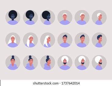 A set of user avatars, gender balance and ethnical diversity, millennials, character design