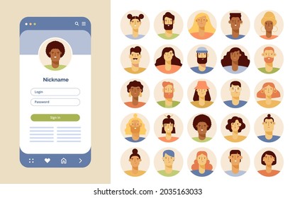 Set of user avatars for mobile app and social media. Portraits of diverse cartoon men and women. Multinational young adult people. Vector flat illustration, flat design. Isolated on white 