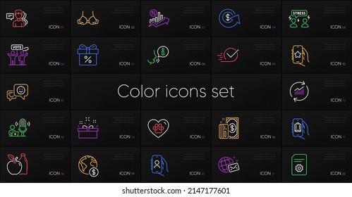 Set of User call, Dollar exchange and Update data line icons. Include Present box, Global business, Discount offer icons. Difficult stress, Apple, Bra web elements. Favorite app. Vector