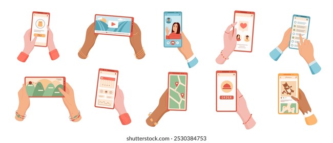 Benutzergruppe, die das Mobiltelefon in der Hand hält, mit Bildschirm, der Apps und Videos anzeigt. Konzept von Technologie, Kommunikation und sozialer Interaktion. Ideal für mobiles App-Design und Online-Chat-Service.