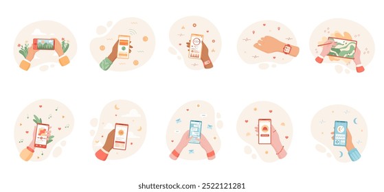 Conjunto de usuario que sostiene el teléfono inteligente en la mano, tocando el App en la pantalla del teléfono. Video Interactuar con el contenido de los medios en línea, compartir características y explorar el diseño. Concepto de tecnología y redes sociales