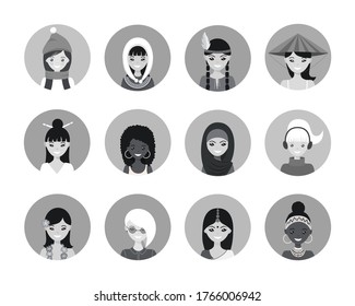 Set of user icons of cute young women of different nation in flat style. Vector illustration
