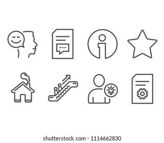 Set of User idea, Comments and Good mood icons. Star, Escalator and File settings signs. Light bulb, Document with speech bubble, Positive thinking. Best rank, Elevator, File management. Vector