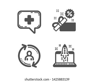 Set of User info, Sale and Medical chat icons. Start business sign. Update profile, Gift box, Medicine help. Launch idea.  Classic design user info icon. Flat design. Vector