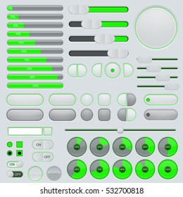Set of user interface buttons and elements - progressive bar, slider, toggle switch. Gray and green collection. Vector illustration.