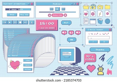 A set of user interface design elements in 80s, 90s retro style. Old computer aesthetics. Vintage nostalgic icons and windows. Folder icons,, monitor, frozen dialog box, player. Vector illustration