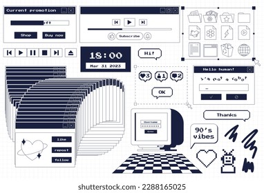 A set of user interface design elements in 80s, 90s retro style. Old computer aesthetics. Vintage nostalgic icons and windows. Folder icons, monitor, frozen dialog box, player. Vector illustration.