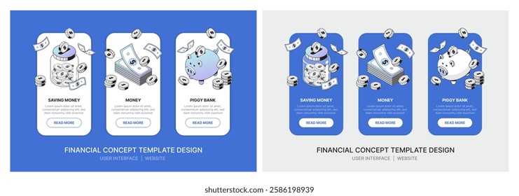 Set of user interface designs for websites on both desktop and mobile, featuring a finance and money concept with an isometric design style on a blue background