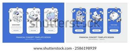 Set of user interface designs for websites on both desktop and mobile, featuring a finance and money concept with an isometric design style on a blue background