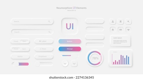 A set of user interface elements for a mobile application. A collection of icons for user interface development in white. Buttons for mobile devices in the style of neumorphism, UI, UX. Vector