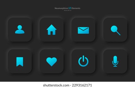 A set of user interface elements for a mobile application in black with blue elements. Buttons for mobile devices in the style of neumorphism, UI, UX. Vector illustration.