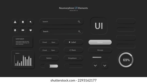 A set of user interface elements for a mobile application. A collection of icons for user interface development in black and gray. Buttons for mobile devices in the style of neumorphism, UI, UX