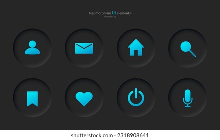 A set of user interface elements for a mobile application in black with blue elements. Buttons for mobile devices in the style of neumorphism, UI, UX. Vector EPS 10.