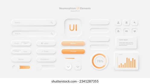 Un conjunto de elementos de interfaz de usuario para una aplicación móvil. Colección de iconos para el desarrollo de la interfaz de usuario en blanco y naranja. Botones para dispositivos móviles al estilo neumorfismo, UI, UX