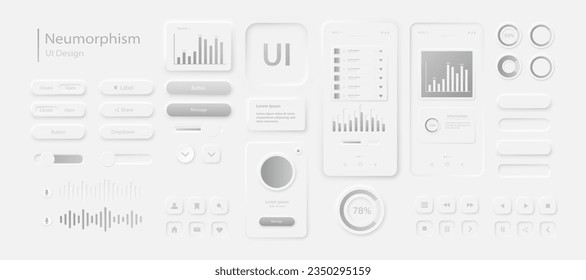 A set of user interface elements for a mobile application in white gray. User interface icons for the internet, social networks, and business. Neumorphic UI UX design collection. Vector illustration.