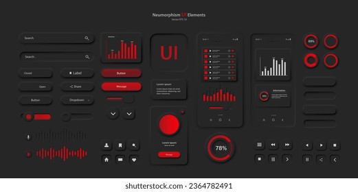 A set of user interface elements for a mobile application in black red. User interface icons for the internet, social networks, and business. Neomorphic UI UX design collection. Vector illustration.
