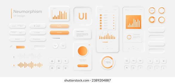 Eine Reihe von Benutzeroberflächen-Elementen für eine mobile Anwendung in weiß-orange. Symbole der Benutzeroberfläche für das Internet, soziale Netzwerke und Unternehmen. Neumorphische UI UX Design Kollektion. Vektorgrafik