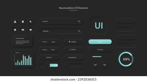 A set of user interface elements for a mobile application in black. Buttons for mobile devices in the style of neumorphism, UI, UX. Vector EPS 10.