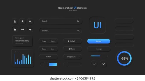 A set of user interface elements for a mobile application in black and blue. Buttons for mobile devices in the style of neumorphism, UI, UX. Vector EPS 10.