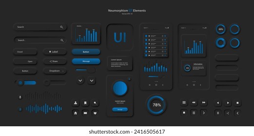 A set of user interface elements for a mobile application in a dark style. User interface icons for the internet, social networks, and business. Neomorphic UI UX design collection. Vector illustration