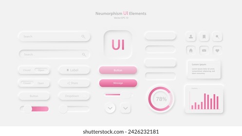 A set of user interface elements for a mobile application. A collection of icons for user interface development in white and pink. Buttons for mobile devices in the style of neumorphism, UI, UX