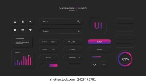 Eine Gruppe von Benutzeroberflächenelementen für eine mobile Anwendung. Eine Sammlung von Icons für die Entwicklung der Benutzeroberfläche in Schwarz und Pink-Lila. Schaltflächen für mobile Geräte im Stil von Neumorphismus, UI, UX