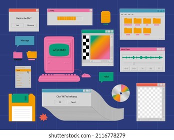 Set of user interface elements in retro style. Tabs, icons, windows. Old computer 90s concept. Hand drawn colorful vector illustration isolated on blue background. Modern trendy flat cartoon style.