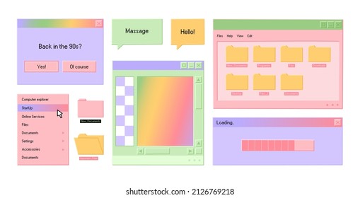 Set of user interface elements. Retro computer 90s concept. Windows with message, folders, buttons. Hand drawn colorful vector illustration isolated on light background. Trendy flat cartoon style.