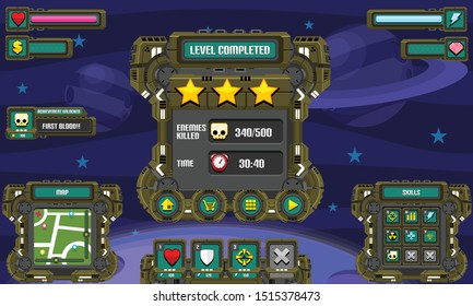 Set of user interface elements with robot theme for creating sci-fi video games