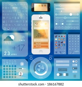 Set of User Interface Elements. Technology Flat Design Style. Mobile Phone Template. Infographic Elements. Thin Line Icons Collection. Blurred Background.