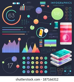 Set of User Interface Elements. Technology Flat Design Style. Mobile Phone Template. Infographic Elements. Thin Line Icons Collection. Blurred Background.