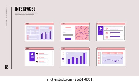 Set of user interface elements, UI and UX theme. Wireframe prototyping system for web and mobile projects. Site page interface. Development of computer technology. Vector flat illustration.