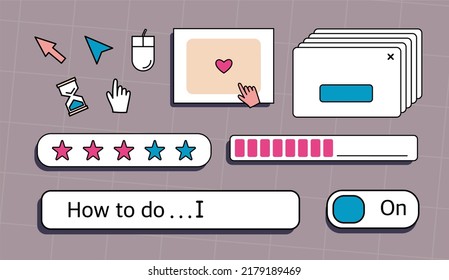 A set of user interface elements, UI and UX themes. In the vaporwave style of the 80-90s, retro collage. Vector illustration 