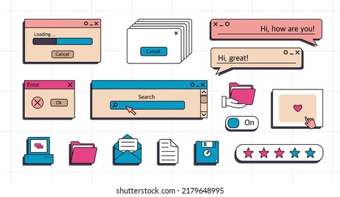 A set of user interface elements, UI and UX themes. In the vaporwave style of the 80-90s, retro collage. Vector illustration 