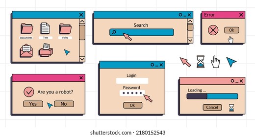 A set of user interface elements, UI and UX themes. In the vaporwave style of the 80-90s, retro collage. Vector illustration 