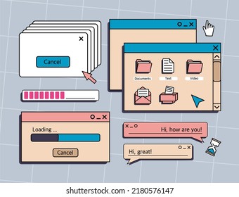 A set of user interface elements, UI and UX themes. In the vaporwave style of the 80-90s, retro collage. Vector illustration 